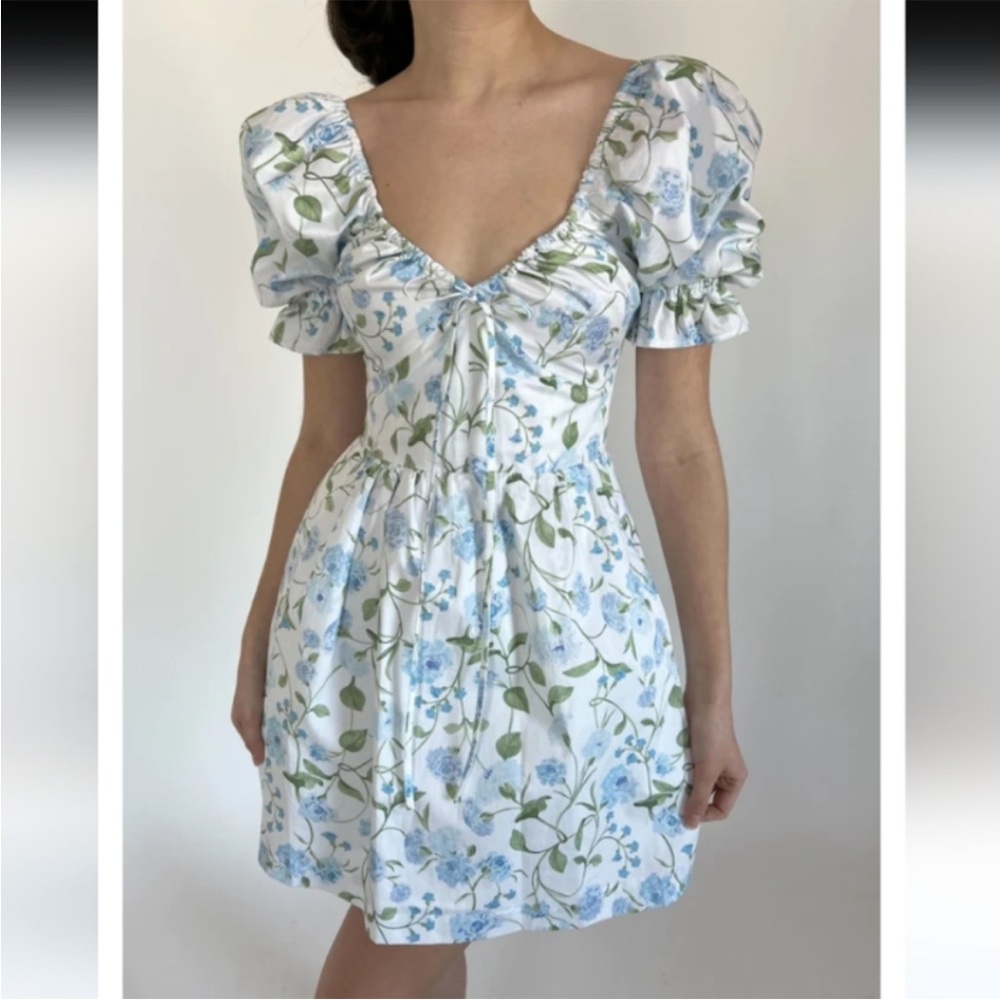 Hill House The Ophelia Mini Floral Dress Light Blue sz XL